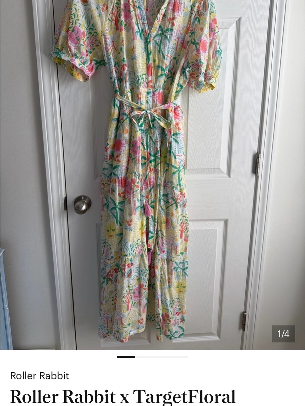 Roller Rabbit Floral Tie-Waist Maxi Dress in Pastel Pink, Yellow & Green
